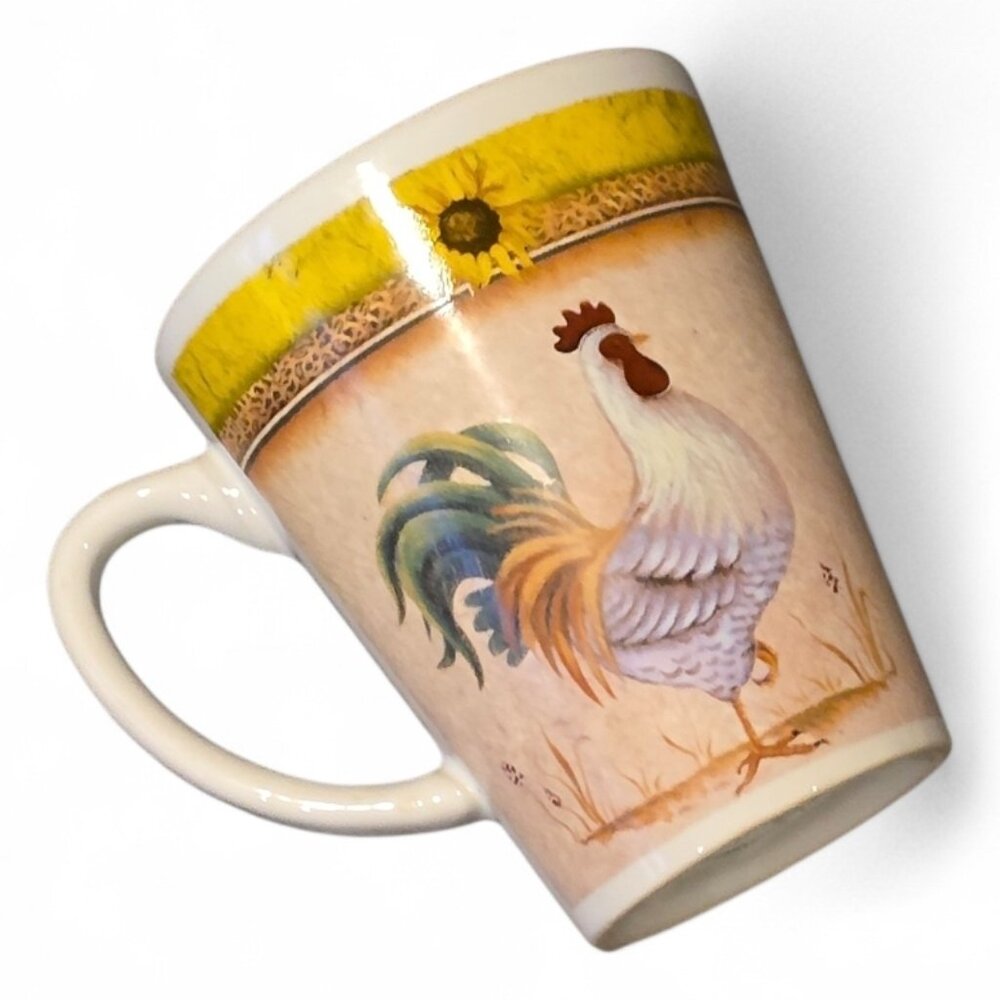 GIBSON Daybreak Rooster Sunflower Yellow Country Kitchen Folk Art Coffee Mug